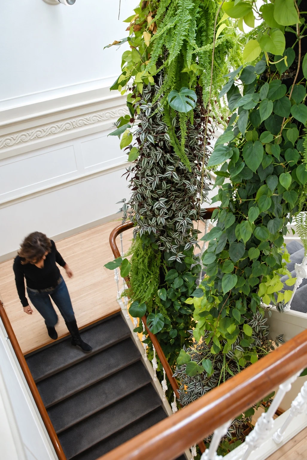 Een persoon loopt de trap op naast een wand met weelderige hangplanten