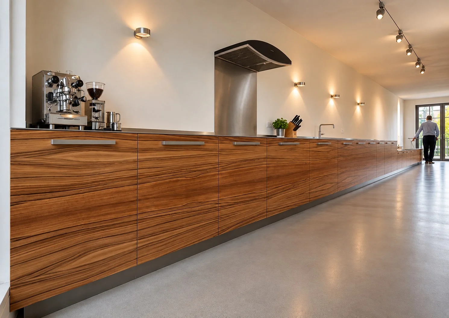 Long wooden kitchen cabinets with continuous grain, a stainless steel worktop and wall lighting in an Amsterdam apartment.
