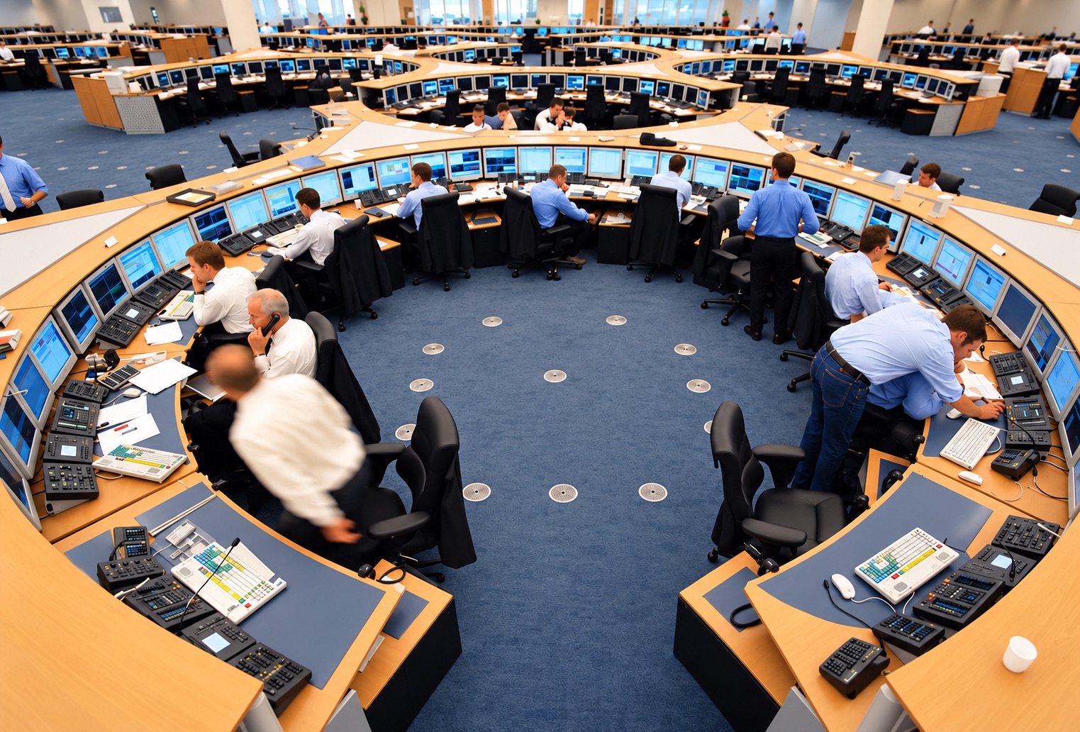 Circular trading desks with multiple monitors, viewed from above at ABN AMRO.
