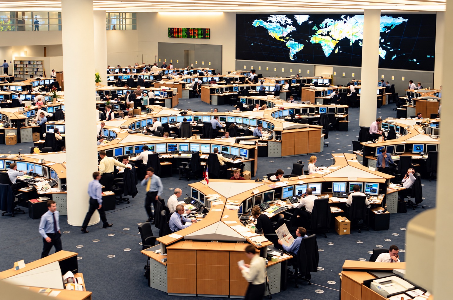 Overview of the ABN AMRO dealing room with desk clusters and a large world map.