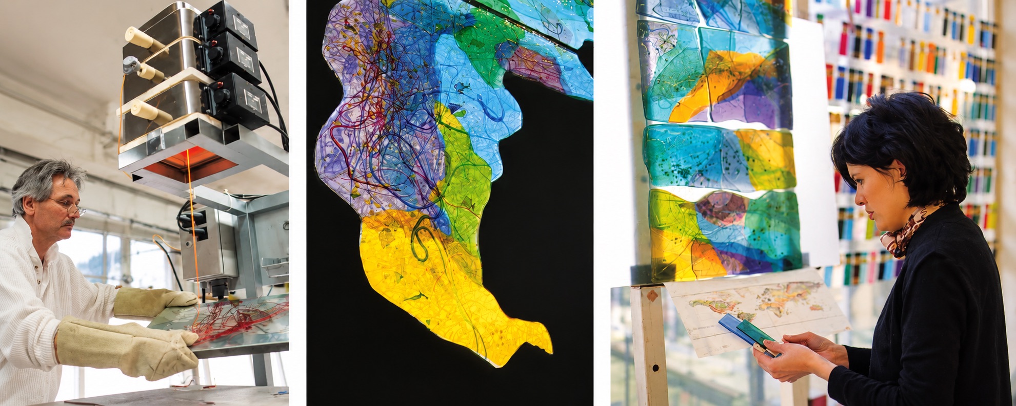 Glass artwork production and colour selection for the ABN AMRO world map.