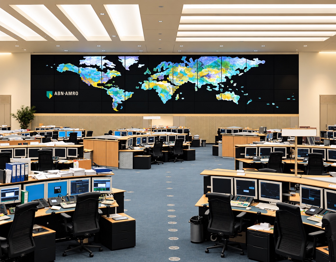ABN AMRO trading floor with curved desks and an illuminated glass world map.